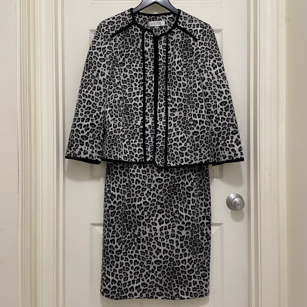 Kasper Separates Set Open Front Blazer Sz 10 Pencil Skirt 8 Leopard Print Gray